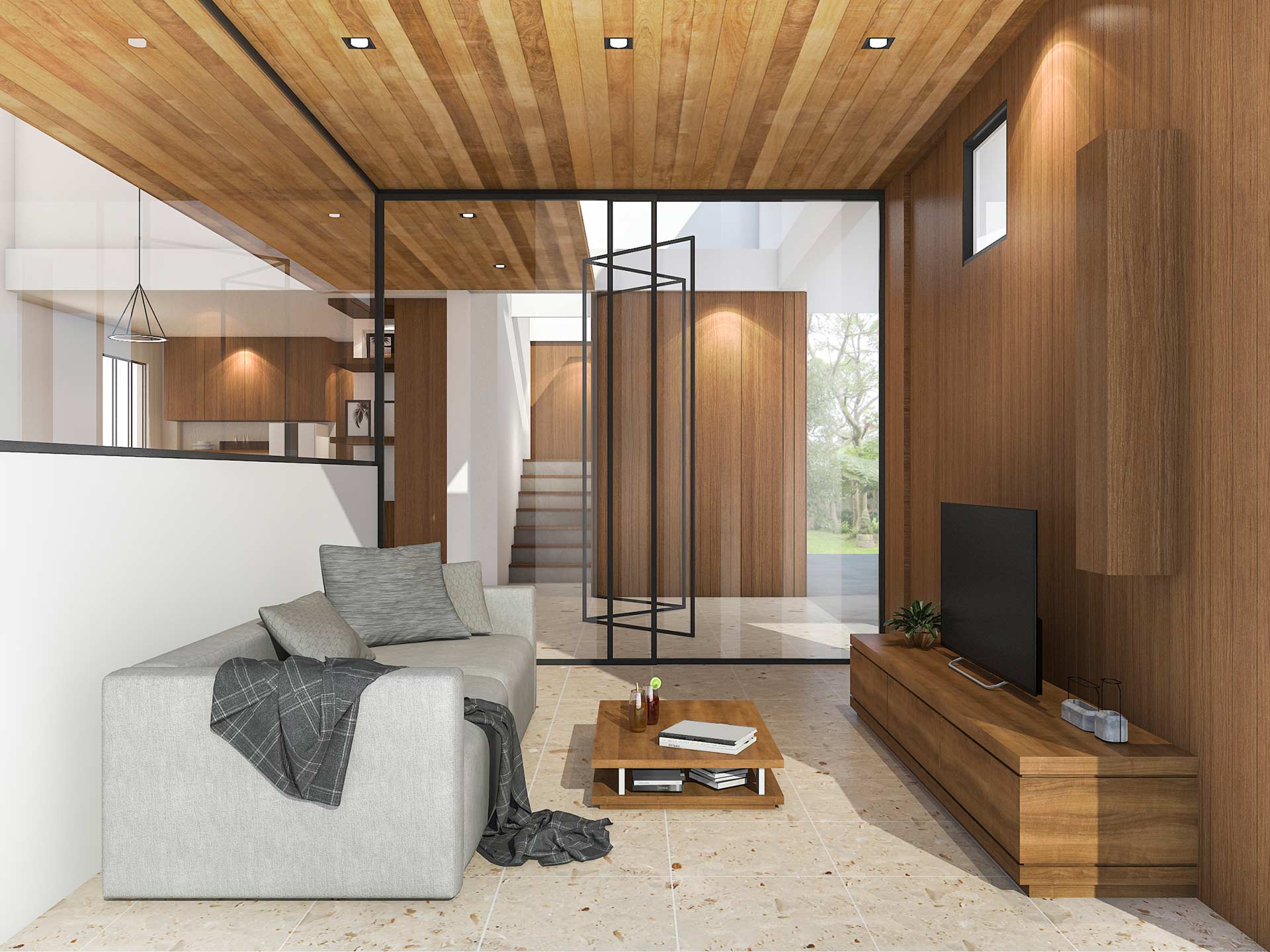 moderne Holzdecke im gemütlichen Wohnraum