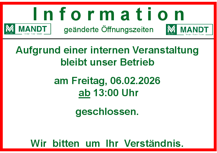 Aufgrund einer internen Veranstaltung bleibt unser Betrieb am 06.02. ab 13 Uhr geschlossen.